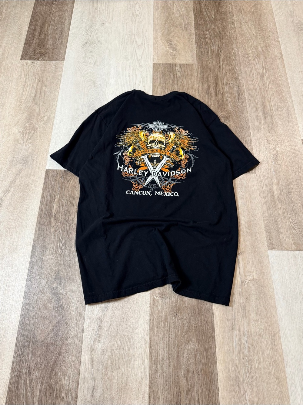Harley-Davidson Mexico Black T-Shirt with Orange and Gold Skull Graphic